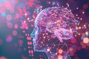 Digital profile with neural mesh and glowing brain activity in vibrant colors