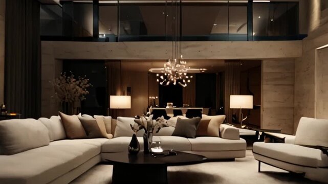 Modern Living Room Interior Design with Sectional Sofa, Chandelier, and Decorative Plants