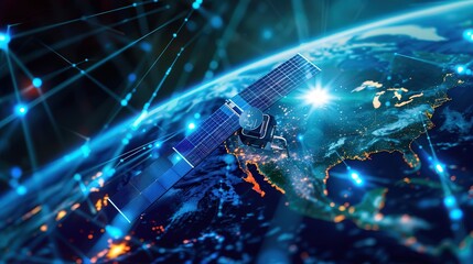 A stunning view of a satellite orbiting Earth, showcasing technology and connectivity in space with vibrant colors and light.