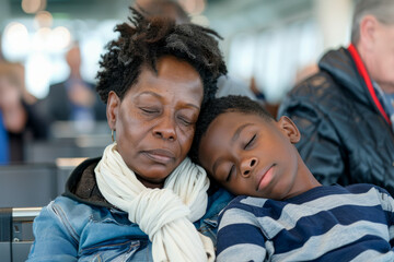 Obraz premium Mother and Son Sleeping in Airport Waiting Area
