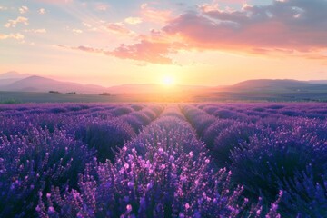 Landscape with violet lavender flower field at sunset. The enchanting beauty of Lavender Fields