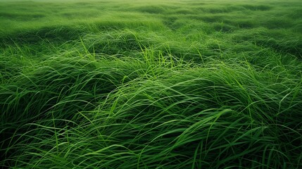 A lush, dense patch of tall grass waving gently in a soft breeze, showcasing various shades of green and the natural undulation of the field.