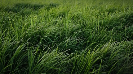 Fototapeta premium A lush, dense patch of tall grass waving gently in a soft breeze, showcasing various shades of green and the natural undulation of the field.