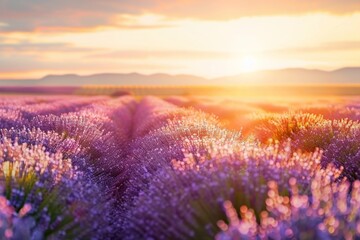 Obraz premium Landscape with violet lavender flower field at sunset. The enchanting beauty of Lavender Fields