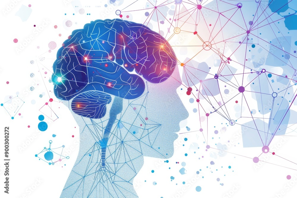 Poster artistic profile of human head with glowing neural network and intricate synaptic activity