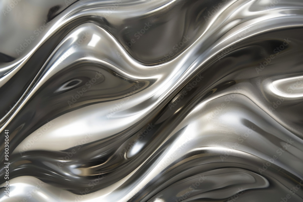 Sticker Abstract image of a silver metallic surface with flowing wavy patterns