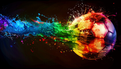 A colorful soccer ball exploding in a vibrant rainbow splash