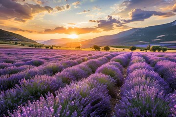 Landscape with violet lavender flower field at sunset. The enchanting beauty of Lavender Fields