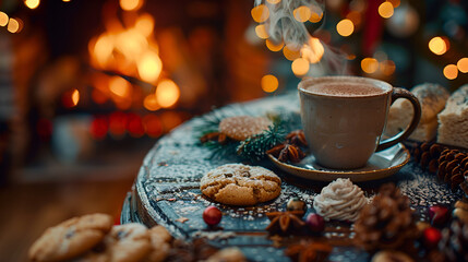 Hot cocoa and cookies by the fireplace on the winter solstice