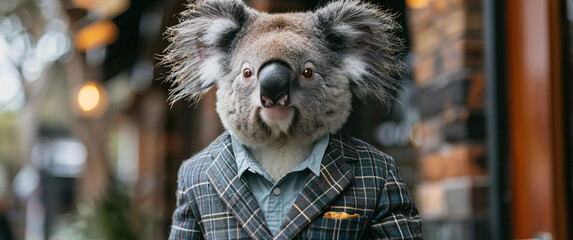 Vertical shot of a koala in a suit, embodying the spirit animal, perfect for nature conservation events and animal rights activism campaigns.