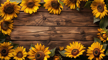 A border of vibrant sunflowers arranged around a rustic wooden background. © Tijana