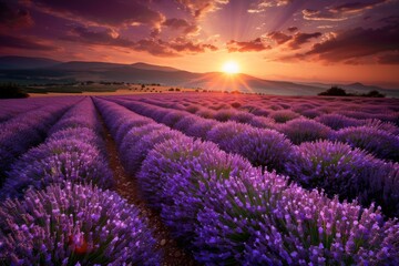 Fototapeta premium Landscape with violet lavender flower field at sunset. The enchanting beauty of Lavender Fields