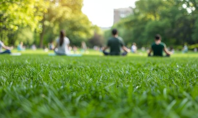 group of people practicing yoga in a lush green park, blurred background with focus on grass