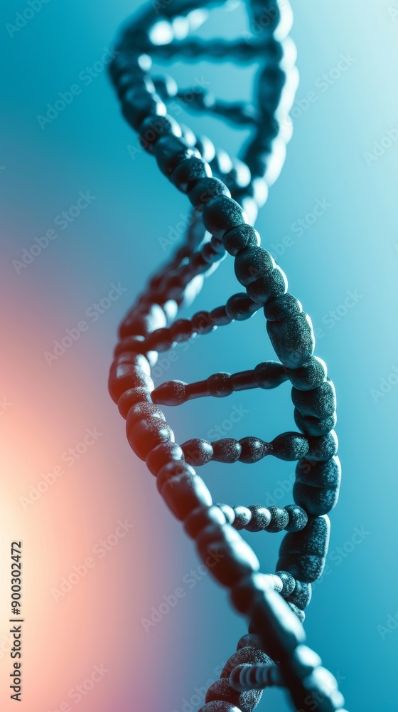 Poster close-up of a dna double helix model with a blue and red gradient background representing genetic re