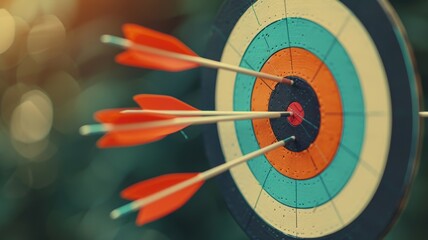 close-up of arrows hitting the bullseye of a colorful target with a blurred green background, symbolic of success, accuracy, and goal achievement.
