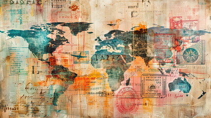 Vintage world map with various travel stamps.