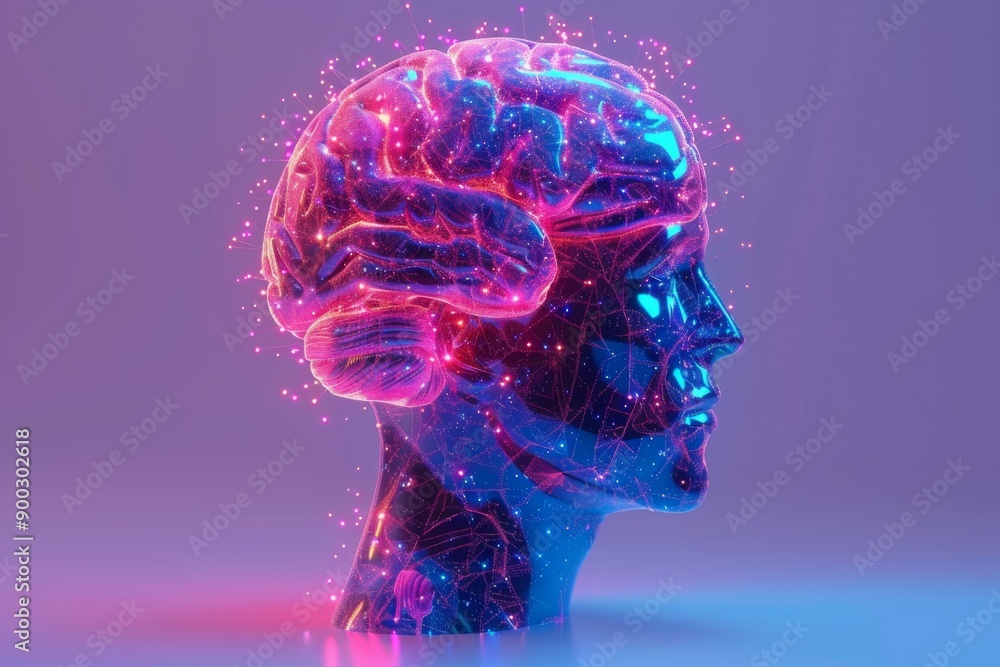 Poster futuristic profile with brain illustration and glowing synaptic pathways showcasing thought processe