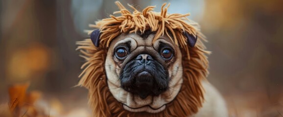 Funny face of pug dog with lion costume.