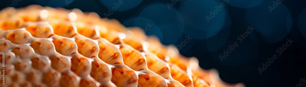 Poster close-up macro graphy of a golden honeycomb with a blue background - natural abstract texture for de