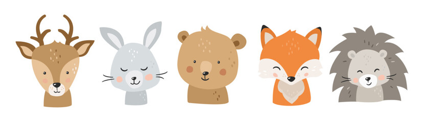 Woodland characters. Cute Forest animals faces. Little fox, bear, deer, bunny, hedgehog for baby shower, nursery, textile, birthday kids print, invitation cards