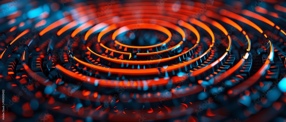 Poster abstract 3d of interlocking orange and blue rings in a circular pattern, creating a modern and futur