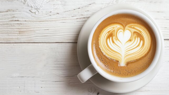 close-up of a perfectly crafted latte with heart design on white wooden tabletop.
