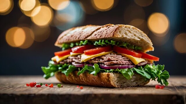 Freshly Made Ham and Cheese Sub Sandwich on Wooden Cutting Board