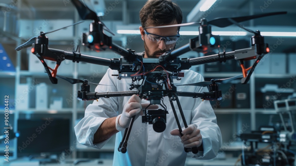 Aufkleber a scientist holds a camera and drone, ready for exploration and research