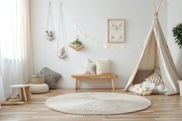 Cozy Playroom Interior with Teepee and Round Rug