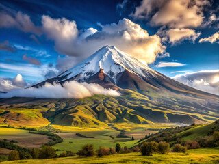 Fototapeta premium mountain in autumn, volcano, landscape, sky, snow, nature, mount, clouds, peak, travel, kamchatka, mountains, top, view, panorama