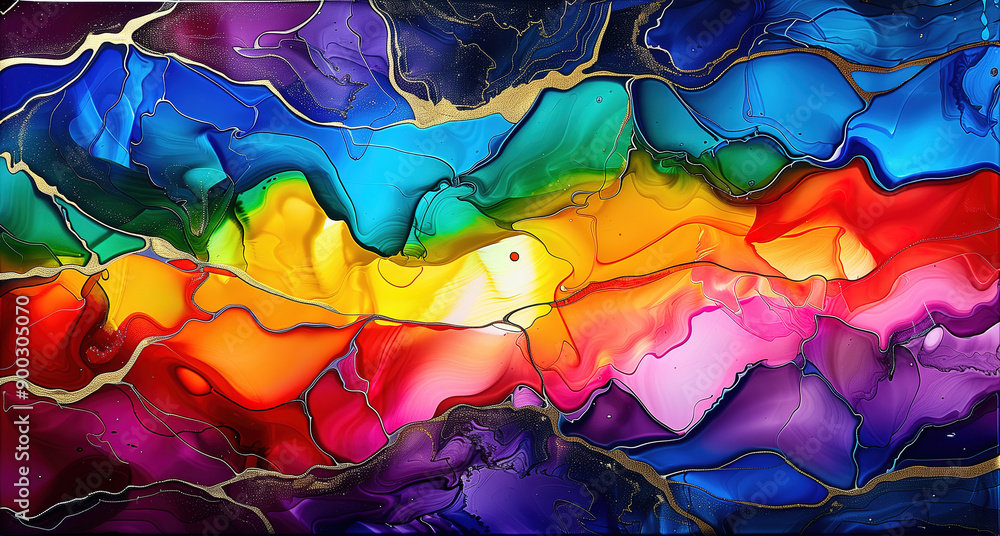 Poster vibrant abstract painting with a kaleidoscope of colors blending seamlessly, creating a dynamic and 