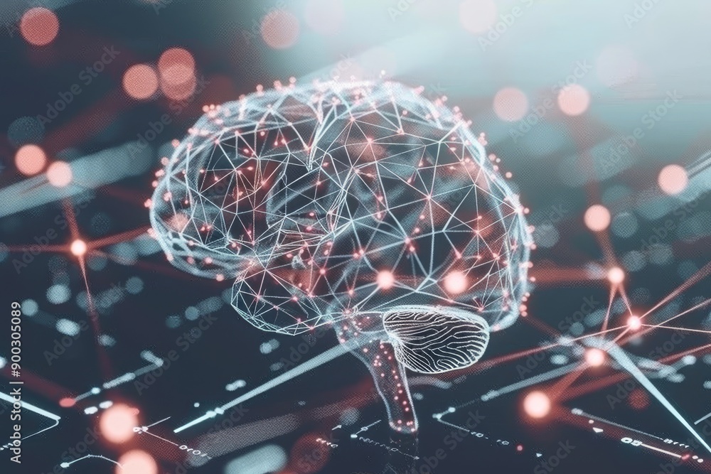 Poster artistic representation of human head with intricate neural network and cognitive processes