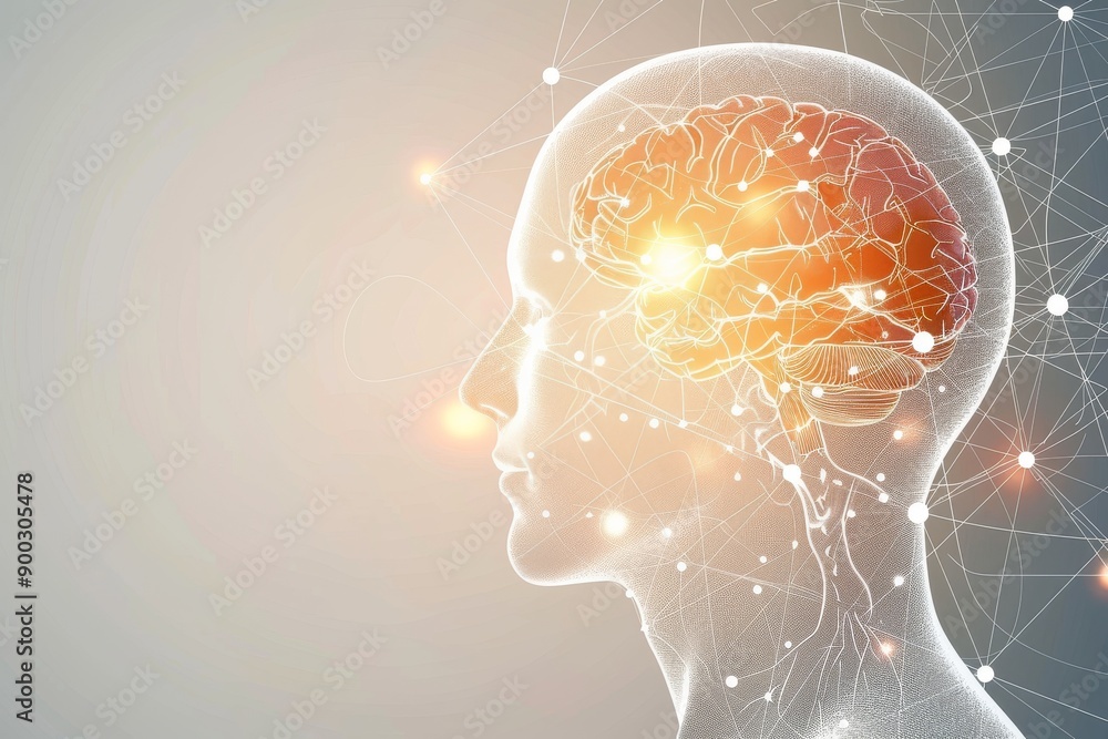 Poster realistic model of human brain with glowing neural pathways highlighting cognitive processes