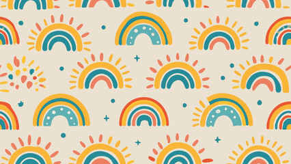 Seamless vector pattern with hand drawn rainbows and sun Trendy baby texture for fabric textile wallpaper backdrop
