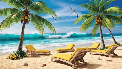 summer chairs on the beach under beautiful coconut trees
