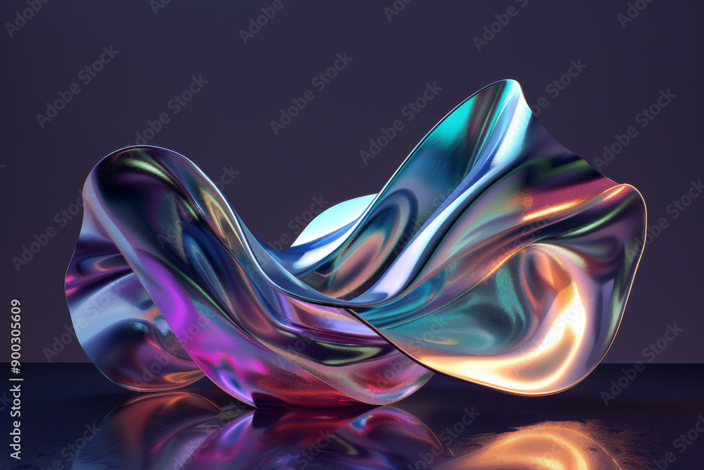 Sticker an abstract iridescent metallic form on a dark reflective surface