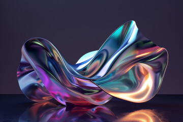 An abstract iridescent metallic form on a dark reflective surface