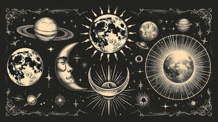 vector, illustration, Vintage stylish freaky cool funny doodle stellar characters. Hand-drawn set of crescent moon, sun, comets, sacred heart. Antique poster abstraction collection art