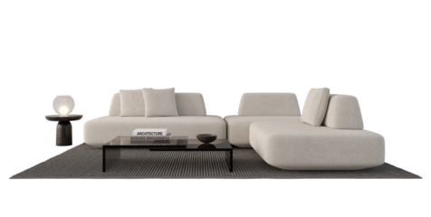 Modern white sofa set with rug lamp and table.Isolated PNG