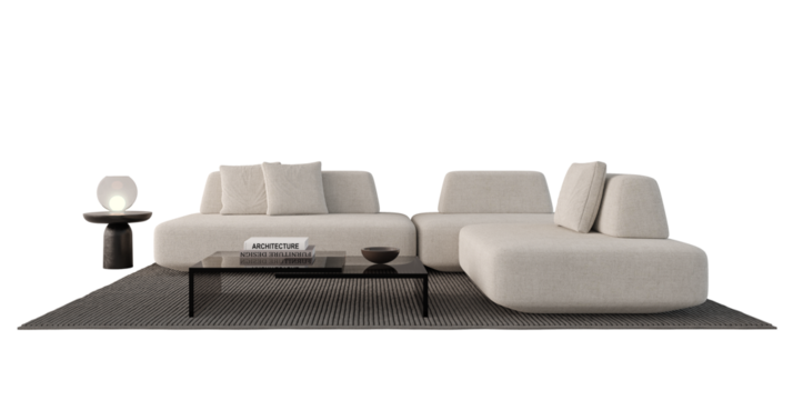 Modern white sofa set with rug lamp and table.Isolated PNG
