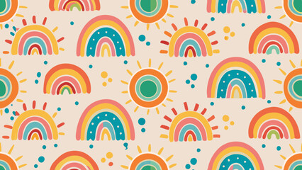 Fototapeta premium Seamless vector pattern with hand drawn rainbows and sun Trendy baby texture for fabric textile wallpaper backdrop