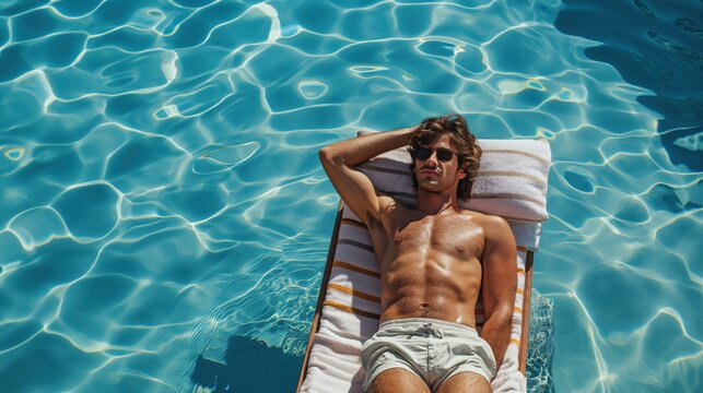 Young man reading a book on a lounge chair by a sunlit pool with clear blue water, leisure and tranquility concept.