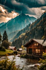 Fototapeta premium Wooden house under the rain in the mountain
