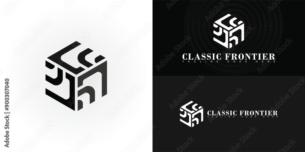 Poster abstract hexagon initial letter cf or fc in black color isolated on multiple background colors. the 