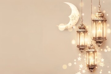 Islamic Gold Lantern with Cescent Moon Background