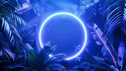 Neon circle light surrounded by tropical leaves