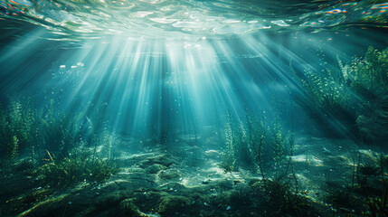 Underwater view of the bottom of the sea with sun rays from above