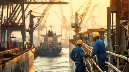 Shipyard workers in front of a big ship