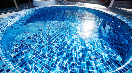 Beautiful swimming pool with blue and white mosaic tiles