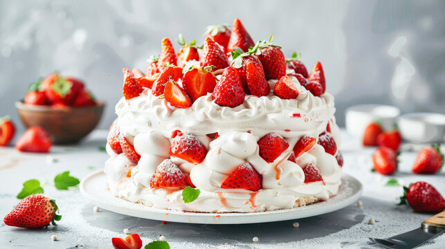 A tasty strawberry meringue cake with cream and strawberries on a grey background